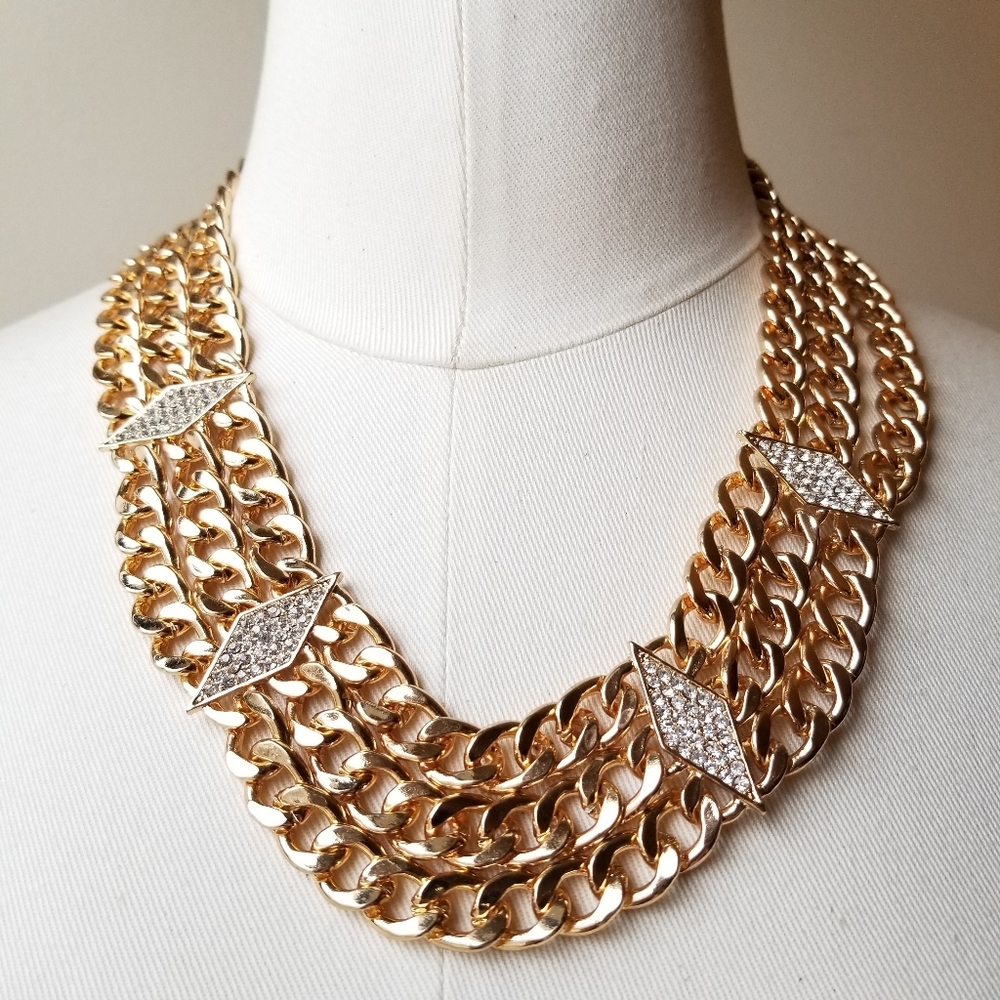 Gold Multi Chain Rhinestone Statement Necklace - image 1